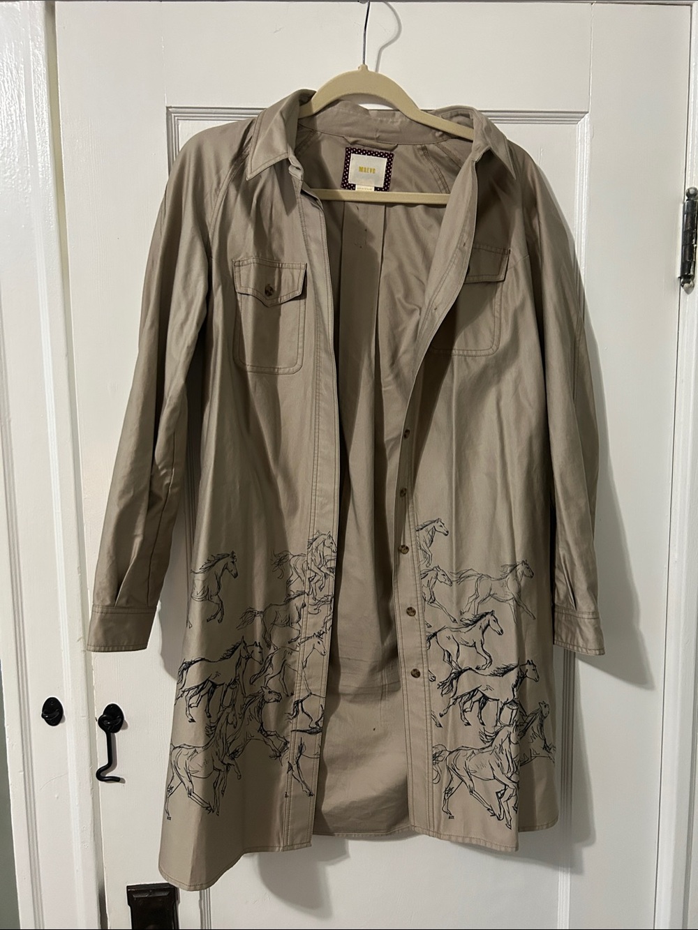 Maeve Tan Trench Coat with Black Horse Print